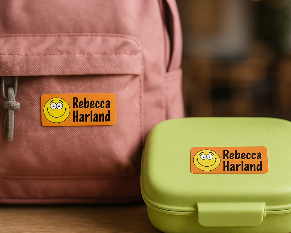 A pink school backpack and a green lunchbox, both labelled with personalised name stickers