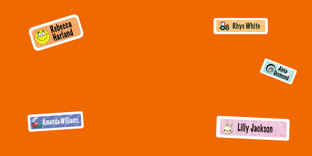 A flat lay of waterproof personalised name stickers in several colours and designs