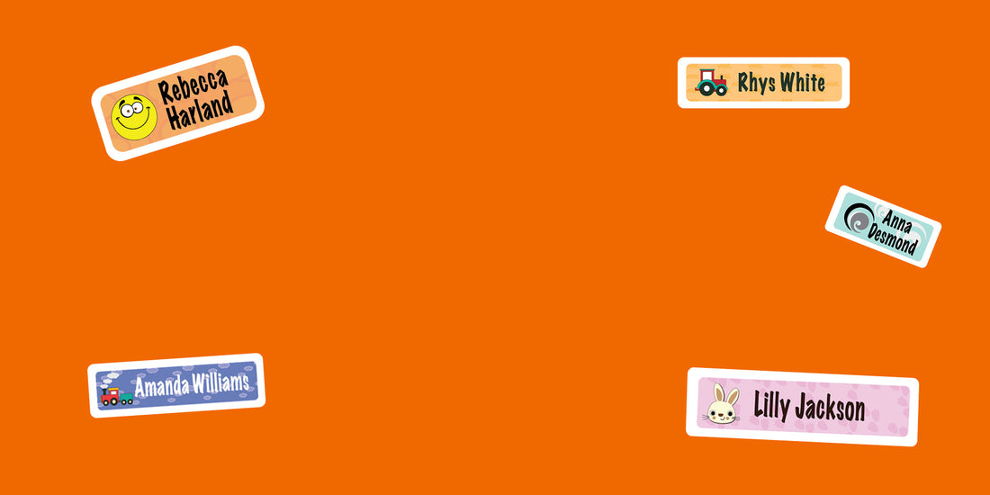 A flat lay of waterproof personalised name stickers in several colours and designs