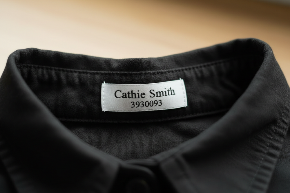 A printed name label attached to the inside collar of a dark school shirt