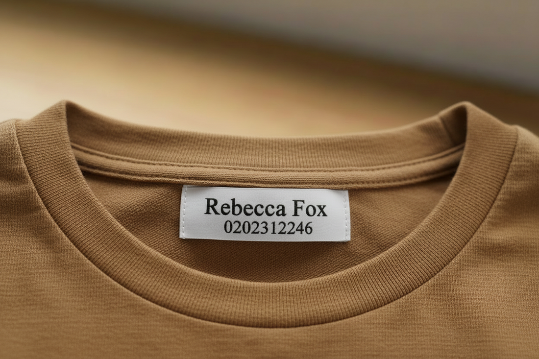 A printed name label with a full name and phone number inside the back neckline of a tan top