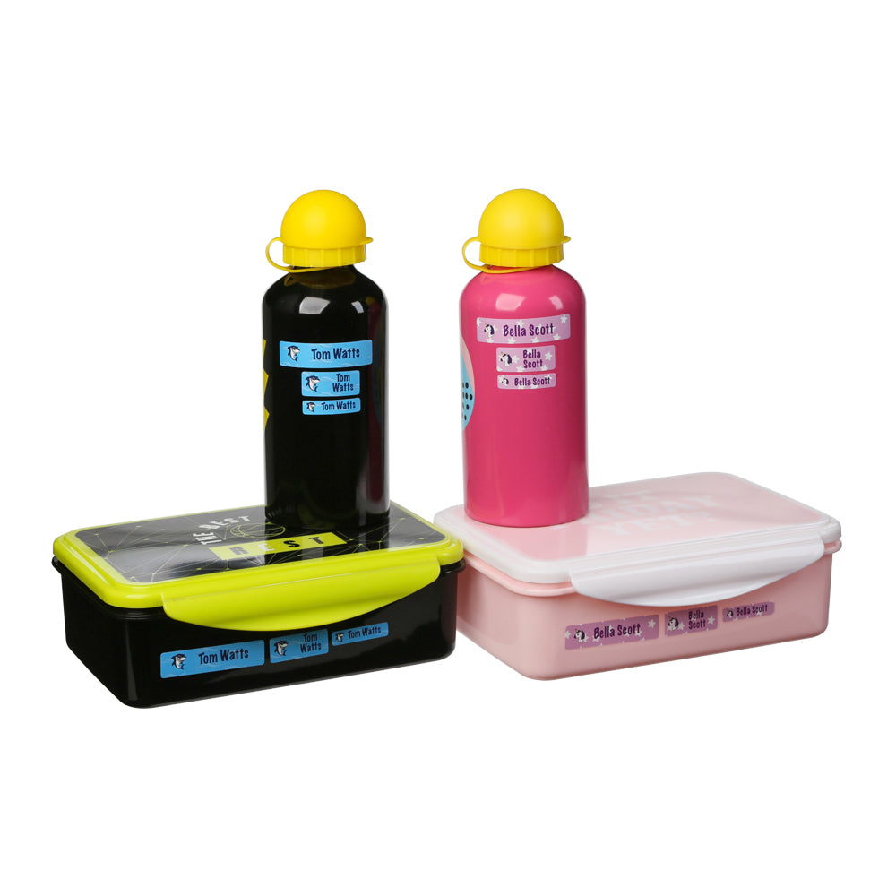 Two labelled drink bottles and two labelled lunchboxes showing different name sticker sizes