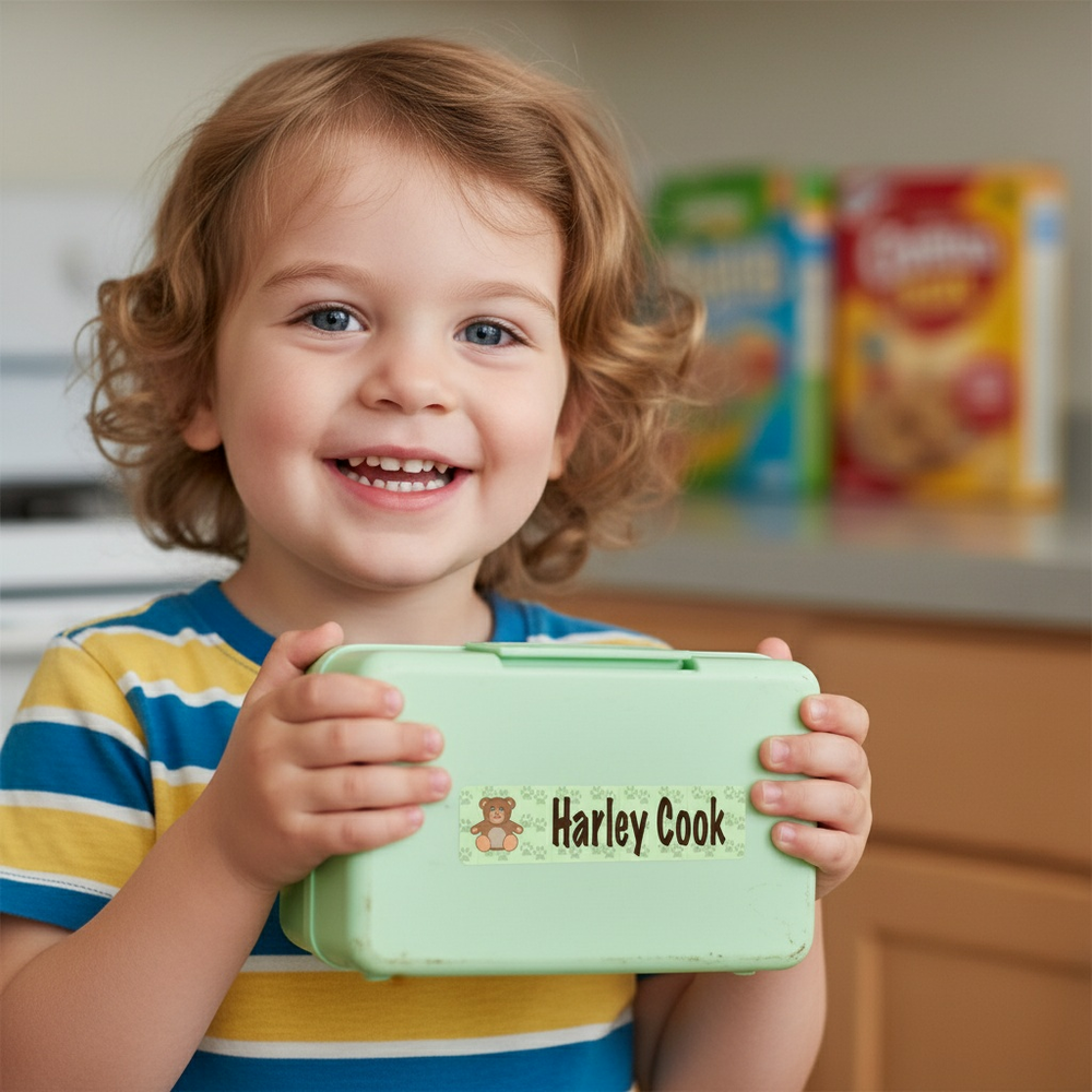 A smiling toddler holding a green lunchbox with a personalised name sticker on the front